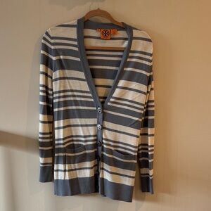 Tory Burch Gray and Cream Striped Cardigan